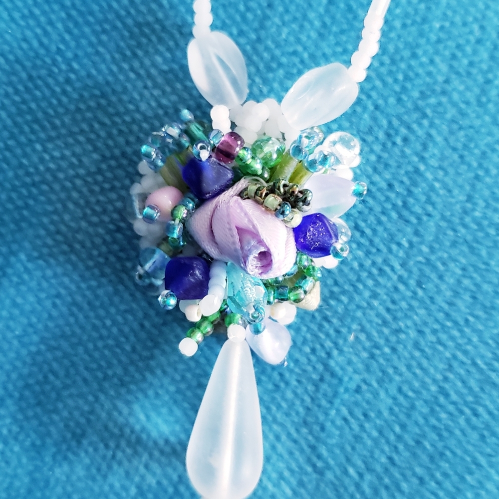 Handmade Glass Bead & Ribbon Pendant Necklace